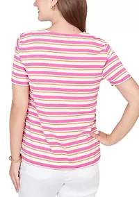 Women's Crochet Neck Stripe Knit T-Shirt