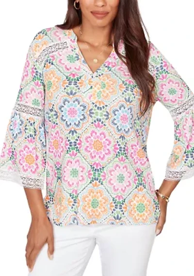 Women's Medallion Print Lace Detail Knit Top