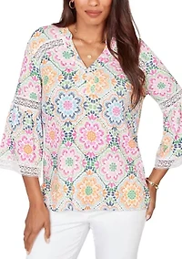 Women's Medallion Print Lace Detail Knit Top