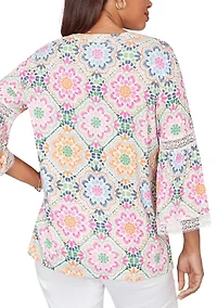 Women's Medallion Print Lace Detail Knit Top