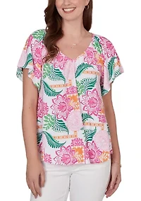 Tropical Floral Eyelet Flutter Sleeve T-Shirt