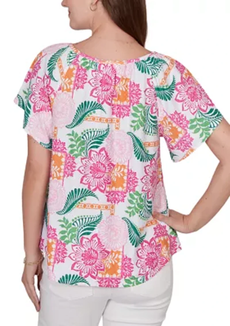 Tropical Floral Eyelet Flutter Sleeve T-Shirt