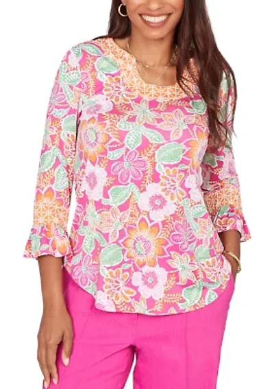 Women's Floral Puff Print Ruffle Sleeve Knit Top