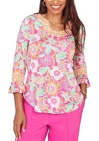 Women's Floral Puff Print Ruffle Sleeve Knit Top