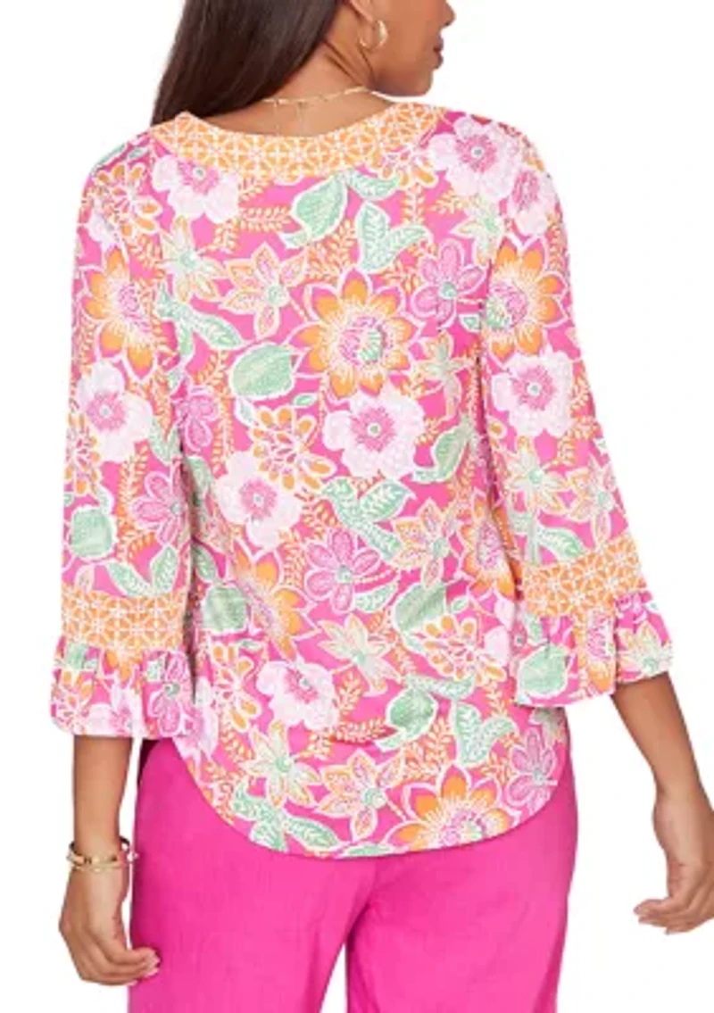 Women's Floral Puff Print Ruffle Sleeve Knit Top
