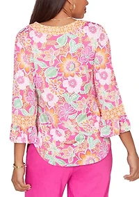 Women's Floral Puff Print Ruffle Sleeve Knit Top
