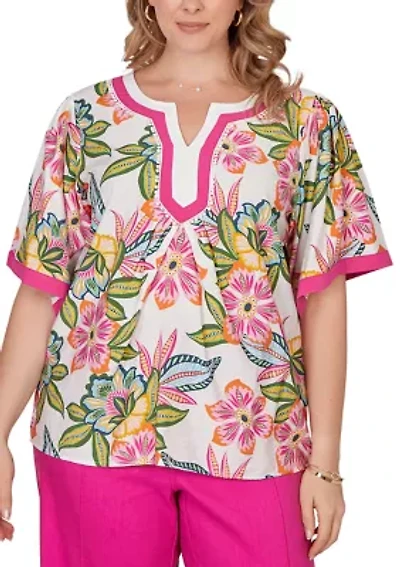 Women's Tropical Floral Trim Detail Top