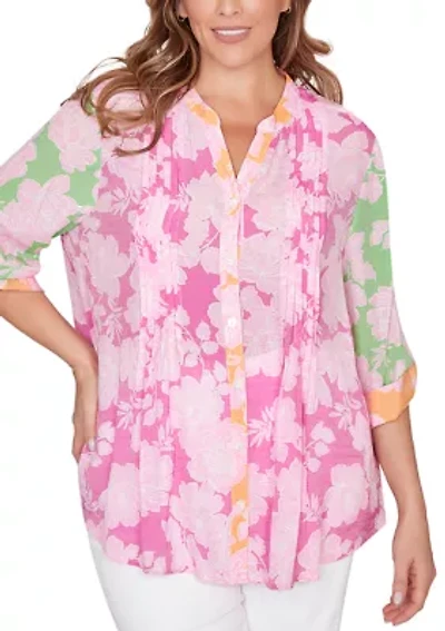 Plus Color Block Floral Pintuck Gauze Blouse