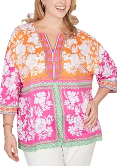 Women's Embroidered Placket Patchwork Knit Top