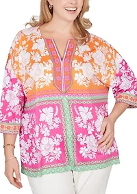 Women's Embroidered Placket Patchwork Knit Top