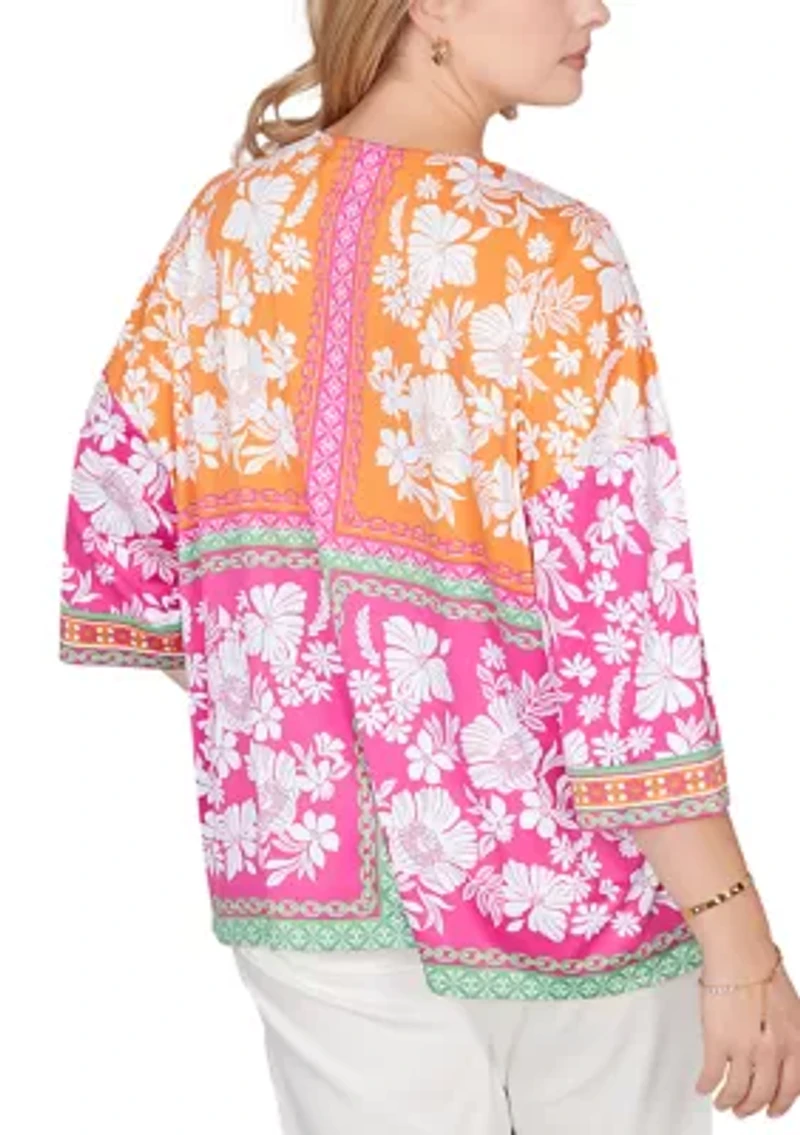 Women's Embroidered Placket Patchwork Knit Top