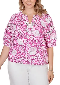 Plus Tropical Floral Trim Knit Top