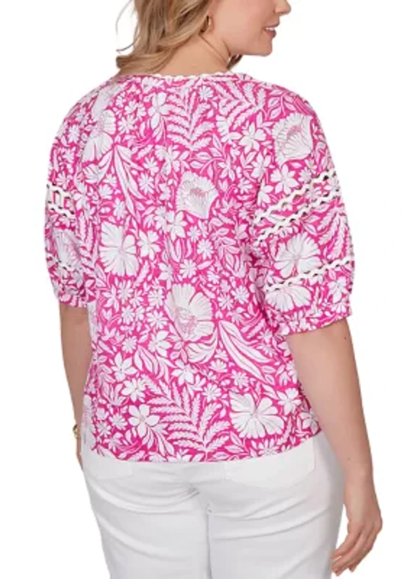 Plus Tropical Floral Trim Knit Top