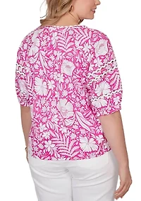 Plus Tropical Floral Trim Knit Top
