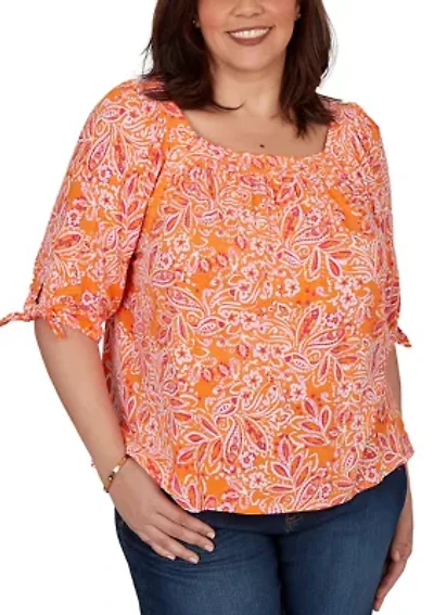 Plus Paisley Print Tie Sleeve Knit Top