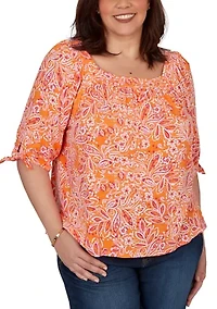 Plus Paisley Print Tie Sleeve Knit Top