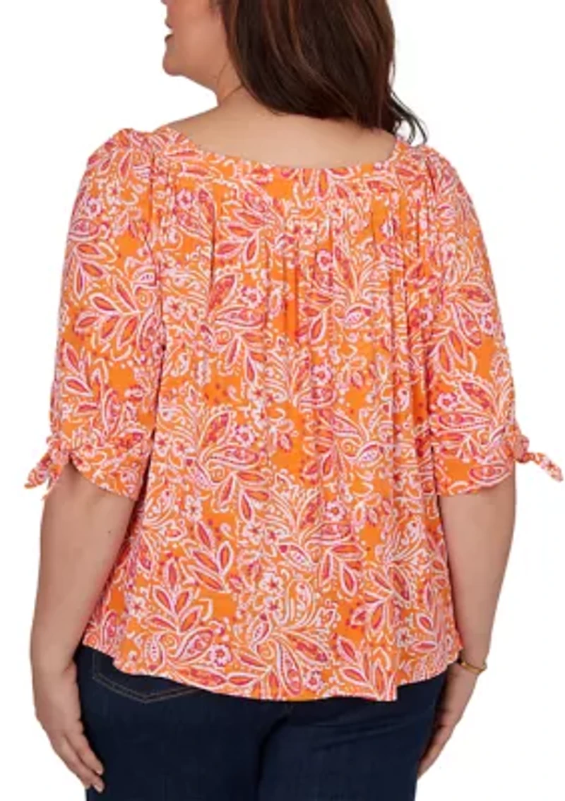 Plus Paisley Print Tie Sleeve Knit Top