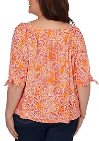 Plus Paisley Print Tie Sleeve Knit Top