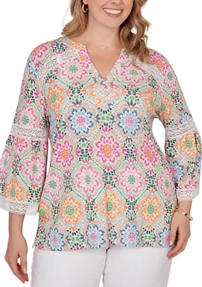 Women's Medallion Print Lace Detail Knit Top
