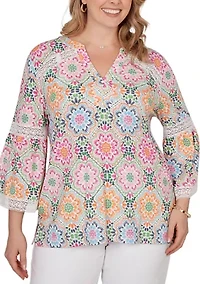 Women's Medallion Print Lace Detail Knit Top