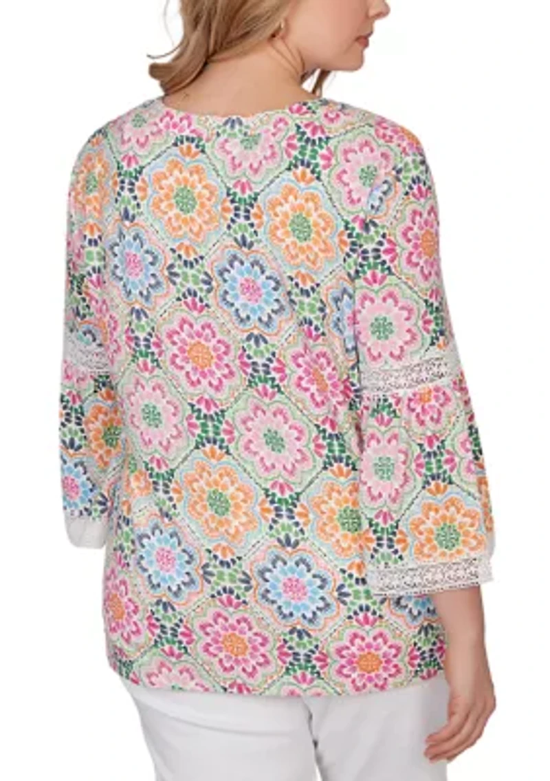 Women's Medallion Print Lace Detail Knit Top