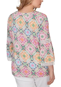 Women's Medallion Print Lace Detail Knit Top