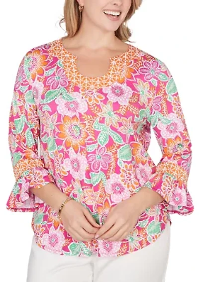 Plus Floral Puff Print Ruffle Sleeve Knit Top