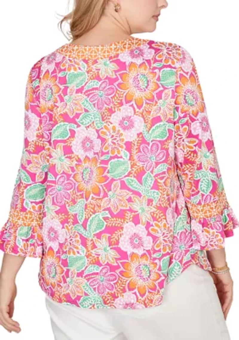 Plus Floral Puff Print Ruffle Sleeve Knit Top