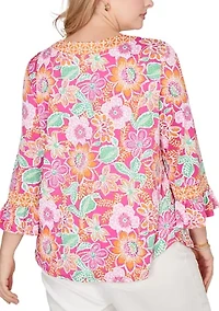 Plus Floral Puff Print Ruffle Sleeve Knit Top