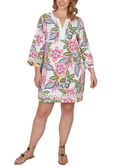 Plus Bold Tropical Solid Trim Shift Dress