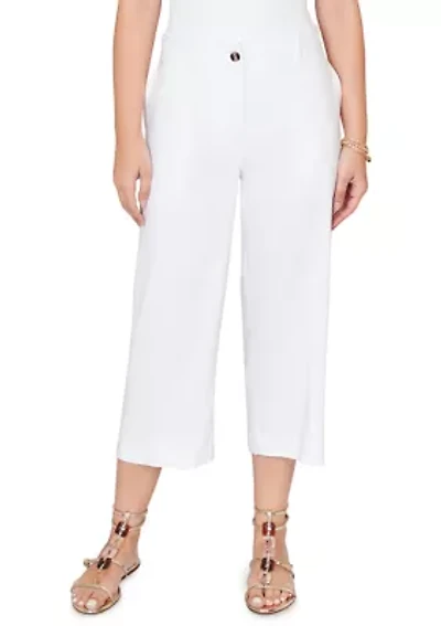 Petite Stretch Linen Wide Leg Fly Front Capri