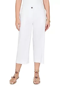 Petite Stretch Linen Wide Leg Fly Front Capri