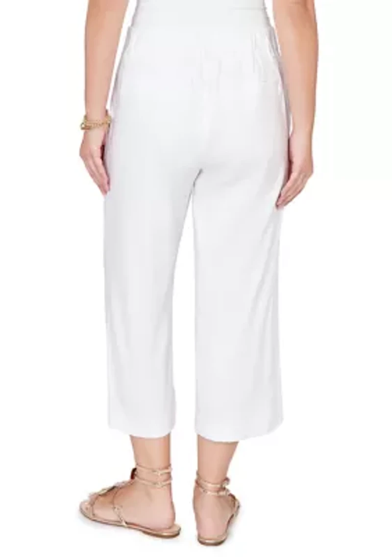 Petite Stretch Linen Wide Leg Fly Front Capri