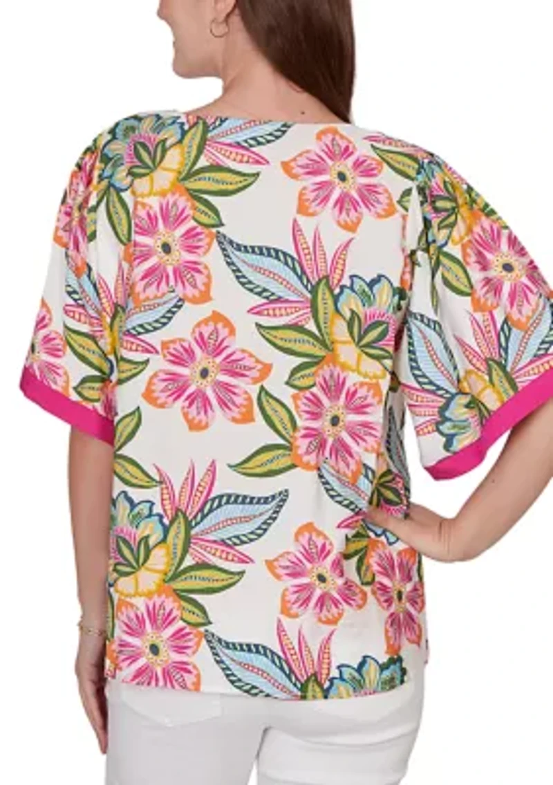 Petite Tropical Floral Trim Detail Top