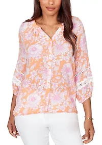 Petite Floral Silky Gauze Peasant Blouse