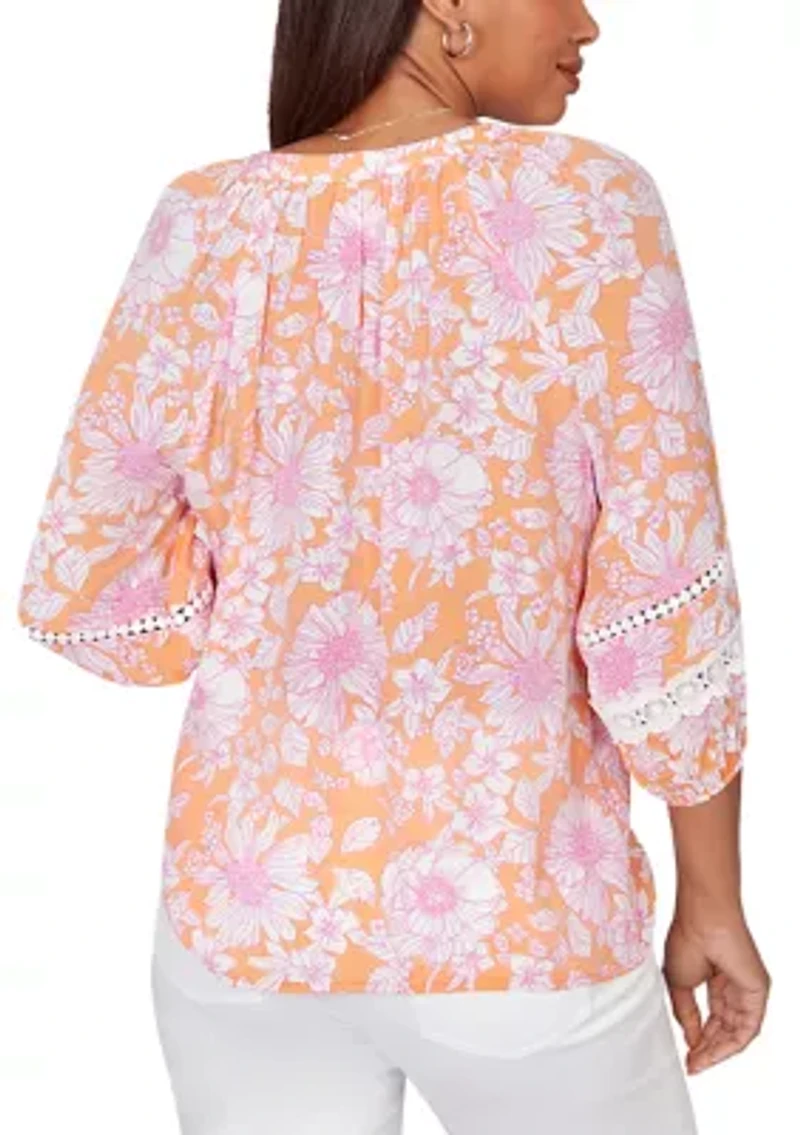 Petite Floral Silky Gauze Peasant Blouse
