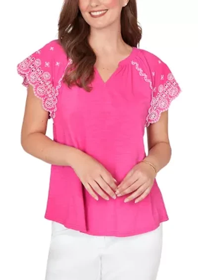 Petite Embroidered Sleeve Slub Knit T-Shirt