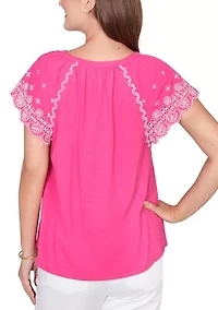 Petite Embroidered Sleeve Slub Knit T-Shirt