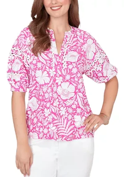 Petite Tropical Floral Trim Knit Top