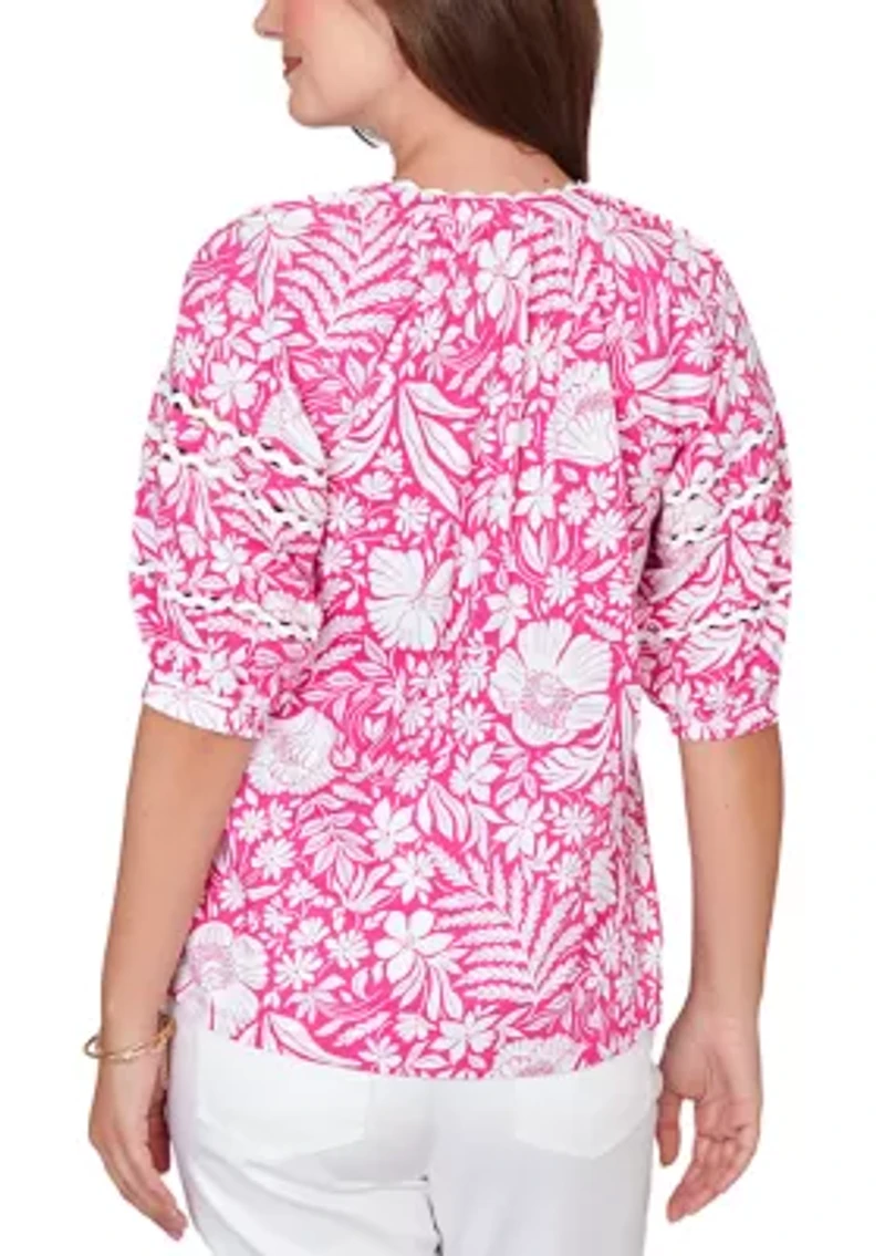 Petite Tropical Floral Trim Knit Top