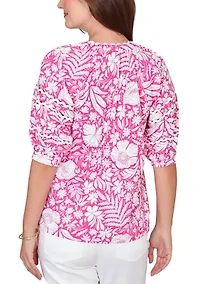 Petite Tropical Floral Trim Knit Top