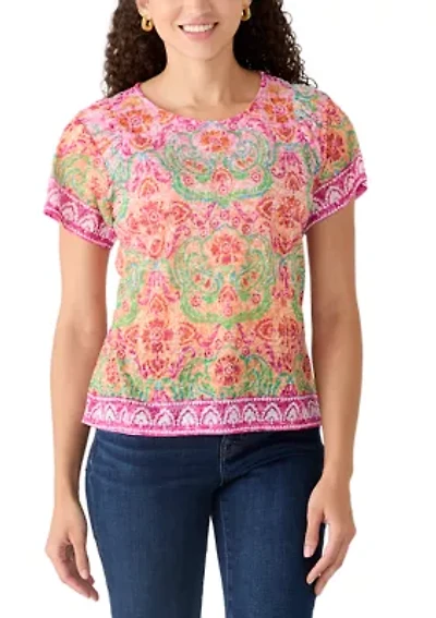 Petite Floral Damask Print Knit Shirt