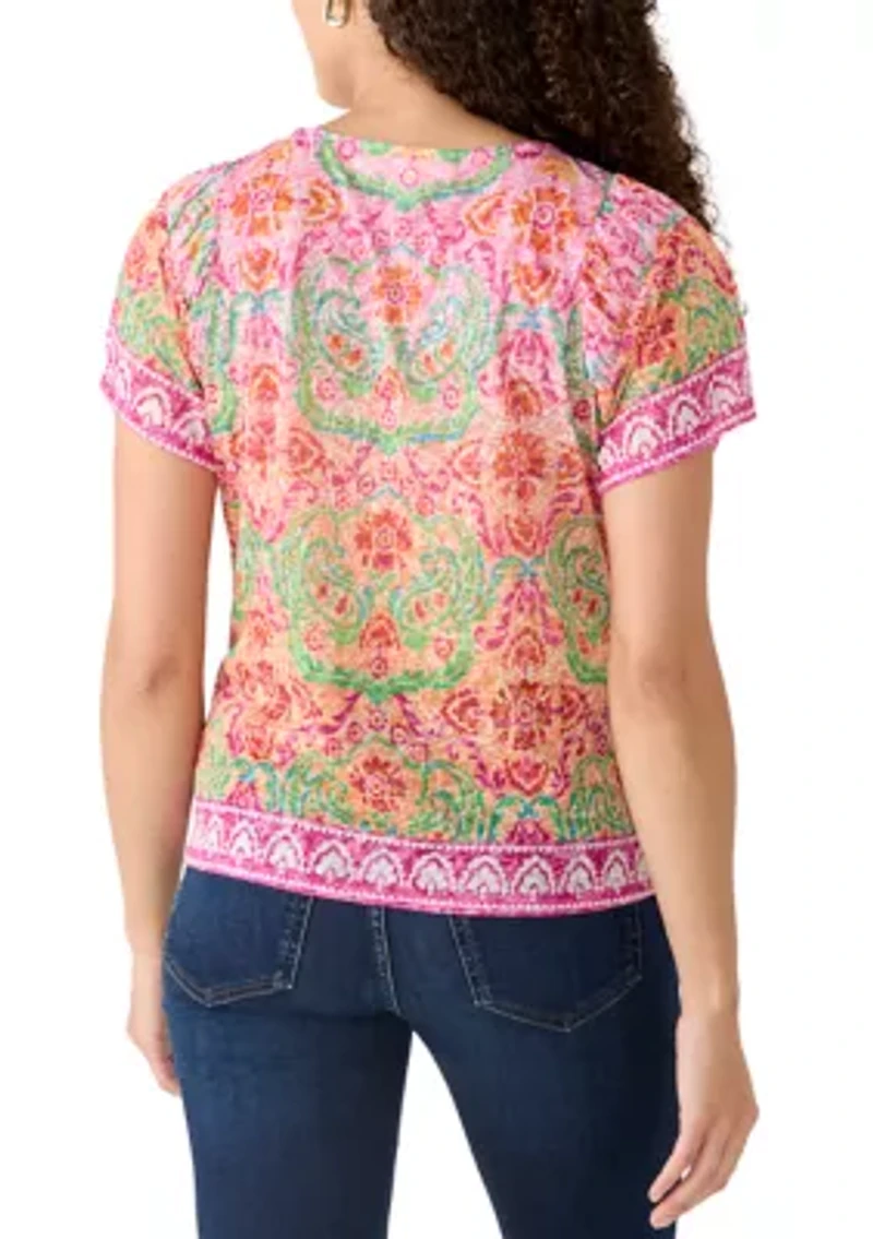 Petite Floral Damask Print Knit Shirt