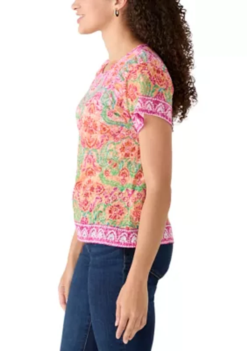 Petite Floral Damask Print Knit Shirt