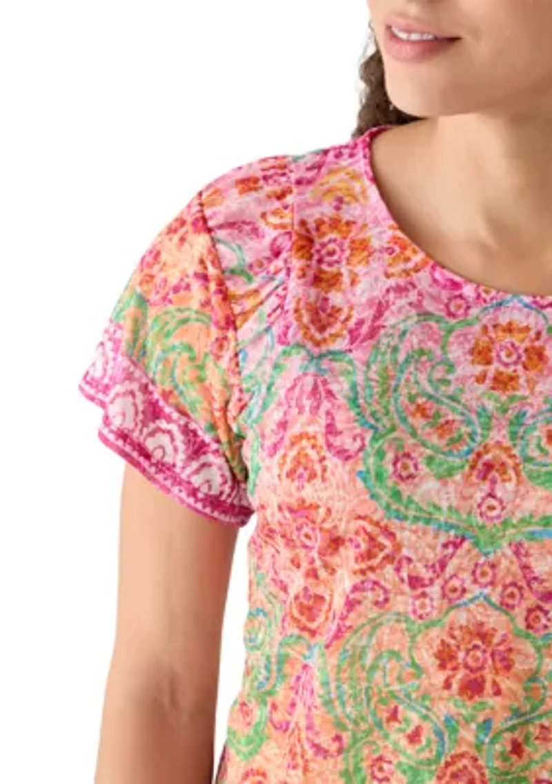 Petite Floral Damask Print Knit Shirt