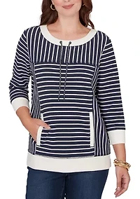 Women's 3/4 Sleeve Striped Popover Pocket Top