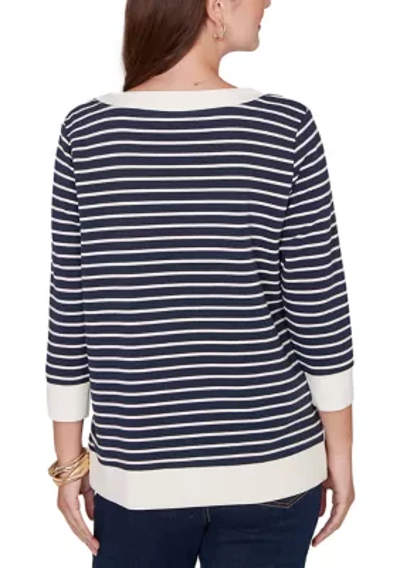 Women's 3/4 Sleeve Striped Popover Pocket Top
