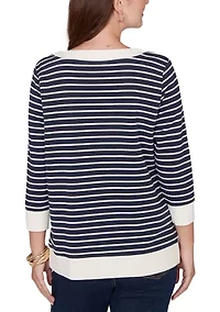 Women's 3/4 Sleeve Striped Popover Pocket Top
