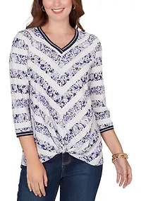 Women's 3/4 Sleeve Floral Striped Twist Front Knit Top