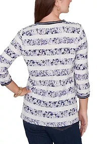 Women's 3/4 Sleeve Floral Striped Twist Front Knit Top